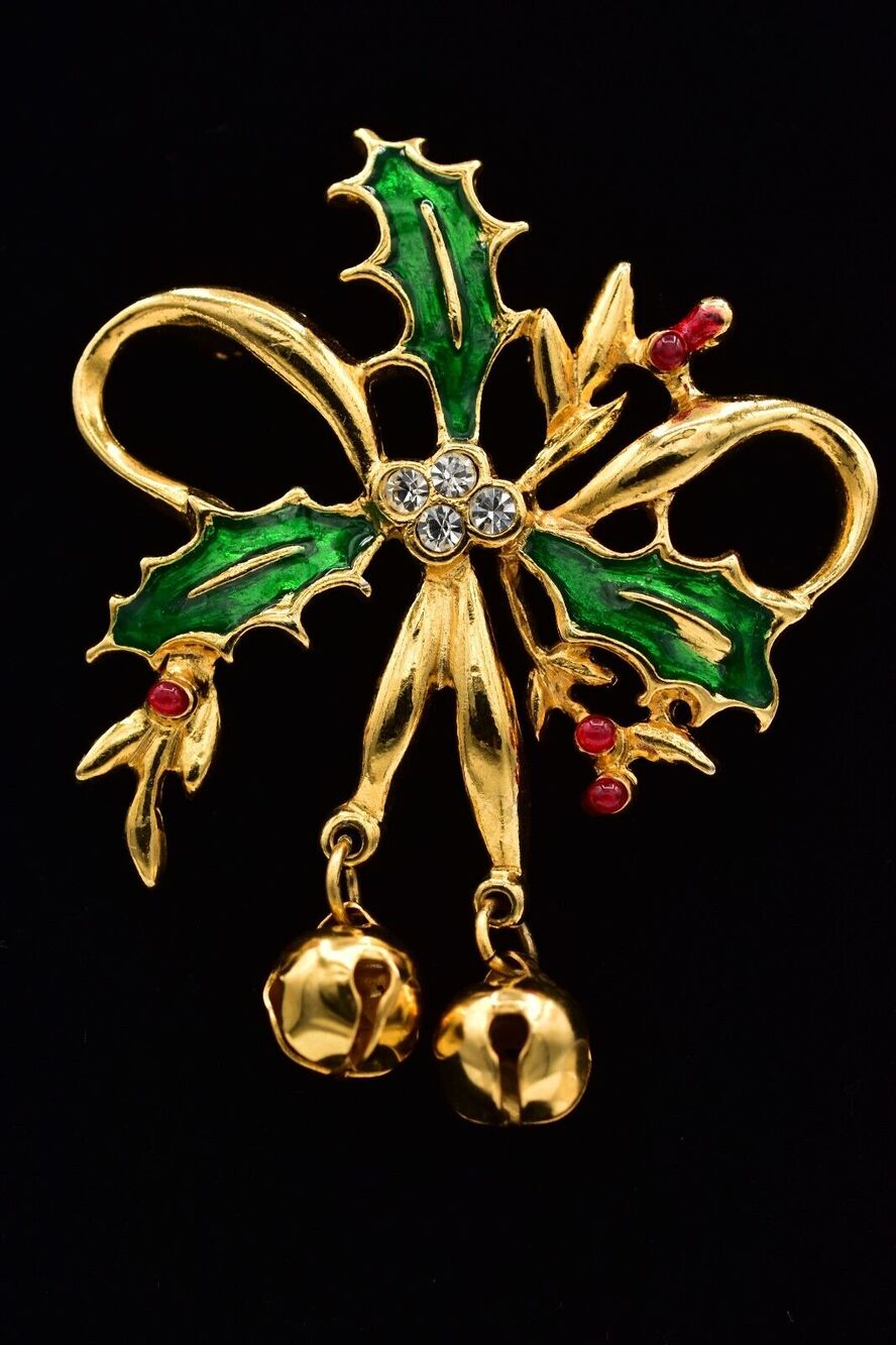 Vintage Christmas Pin Brooch Bell Holly Berry Green Red Enamel Gold 1980s BinAL